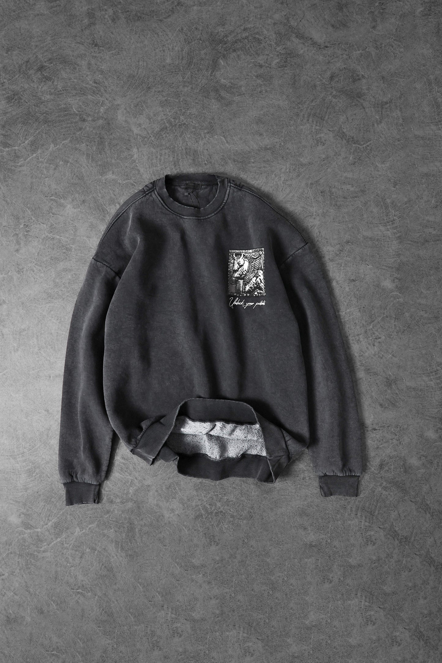 " Potential Unlocker " Acid-Washed Oversized Crew-Neck